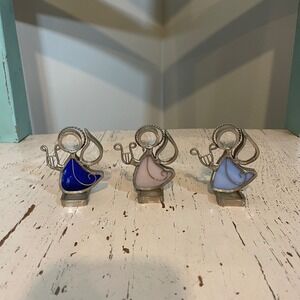 VTG Set of 3 Stained Glass Angel Figurines with Harps Blue Pink Silver 2 in